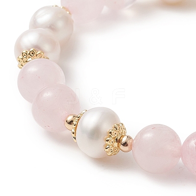 Natural Rose Quartz & Pearl Round Beaded Stretch Bracelet for Women BJEW-JB09246-03-1