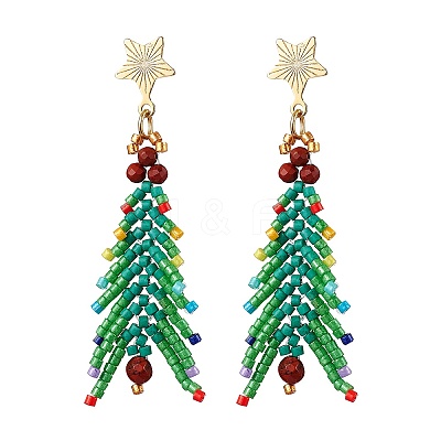 Christmas Tree Natural Red Jasper & Glass Seed Beads Dangle Stud Earrings for Women EJEW-MZ00157-1