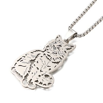 201 Stainless Steel Box Chain Hollow Cute Cat Pendant Necklaces NJEW-S003-09P-1