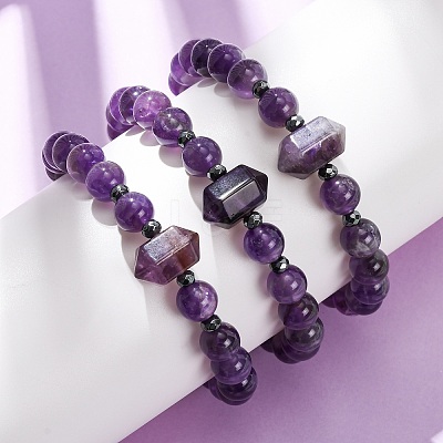 Natural Amethyst Beaded Stretch Bracelet for Women BJEW-A145-01F-1