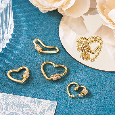 5Pcs 5 Style Brass Micro Pave Clear Cubic Zirconia Screw Carabiner Lock Charms ZIRC-TA0002-17-1