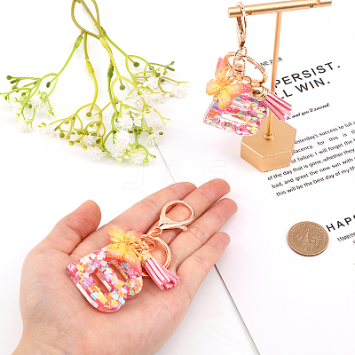 Fashion Alphabet Initial Letter Resin Keychain with Tassel Gradient Butterfly Pendant Key Ring KEYC-WH0027-105B-1