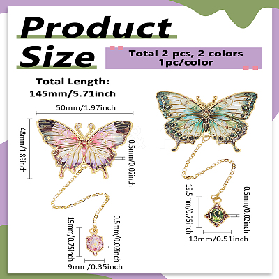 2Pcs 2 Styles Butterfly Alloy Enamel Charms Bookmarks with Chain AJEW-LP0004-24A-1