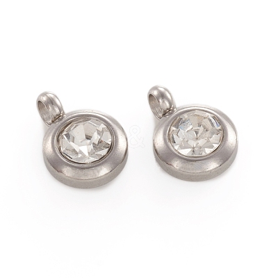 Trendy Original Color 304 Stainless Steel Grade A Rhinestone Flat Round Charm Pendants RB-M030-06J-1