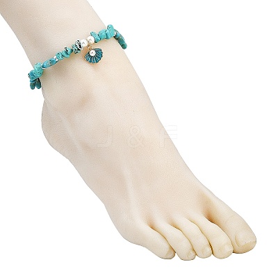 3Pcs 3 Styles Zinc Alloy Enamel Shell Shape Charm Round Shell Pearl & Dyed Synthetic Turquoise Starfish & Magnesite & Opalite & Natural Rose Quartz Chip Beaded Anklets AJEW-AN00735-1