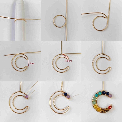 7 Chakra Round Mixed Stone Copper Wire Wrapped Moon Pendants PALLOY-TA00401-02-1