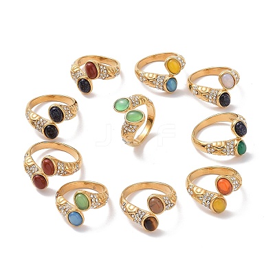 Gemstone Oval Open Cuff Ring with Crystal Rhinestone STAS-E168-10B-G-1