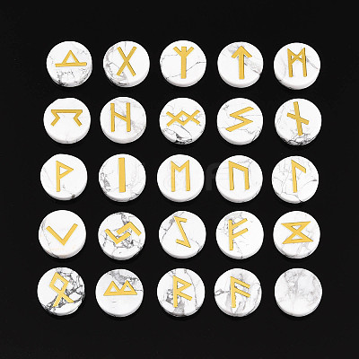 Brass Elder Futhark Alphabet Engraved Symbol Flat Round Natural Howlite Rune Stones G-I373-01F-1