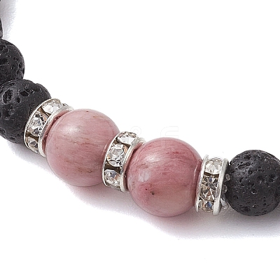 Round Natural Lava Rock & Rhodochrosite Beaded Stretch Bracelets for Women BJEW-JB10804-1