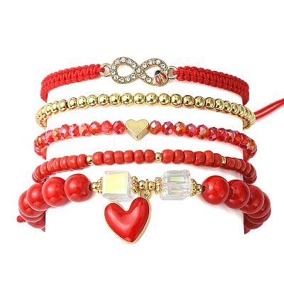 5Pcs 5 Style Glass & Brass Beaded Stretch Bracelets Set BJEW-TA00298-1