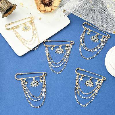 5Pcs Rhinestone Eye & Alloy Star Charms Safety Pin Brooch JEWB-CJ0003-44-1