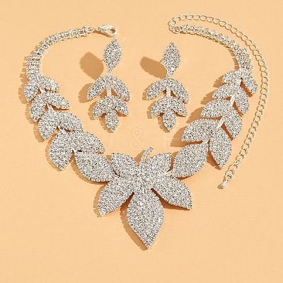 Leaf Brass Crystal Rhinestone Pendant Necklaces & Stud Dangle Earrings Sets FS-WG7504E-01-1