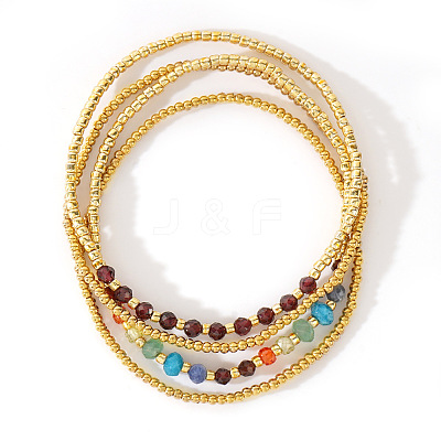 4Pcs Luxury Natural Garnet Round Beads & Moonstone & Lapis Lazuli & Malaysia Jade & Glass & Cubic Zirconia & Purple Garnet & Red Garnet & Glass Seed Beads Stretch Bracelet Set for Women AP3962-3-1