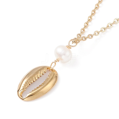 Natural Cowrie Shell Natural Pearl Pendant Necklaces NJEW-JN03745-1