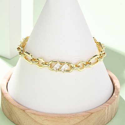 Ring & Paperclip Brass Micro Pave Cubic Zirconia Link Chain Bracelets for Women BJEW-D458-03G-02-1