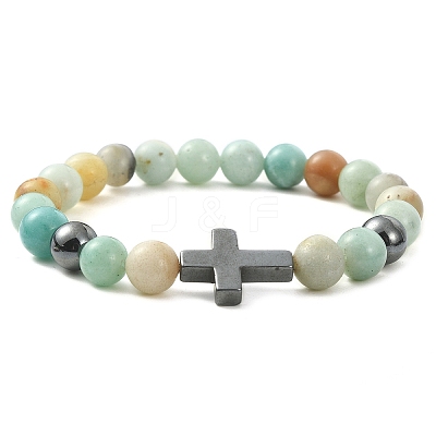 Natural Flower Amazonite & Synthetic Hematite Corss Beaded Stretch Bracelets BJEW-JB09845-02-1