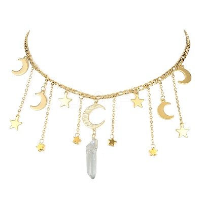 Moon & Star 304 Stainless Steel & Natural Quartz Crystal Charms Bib Necklace NJEW-TA00094-1