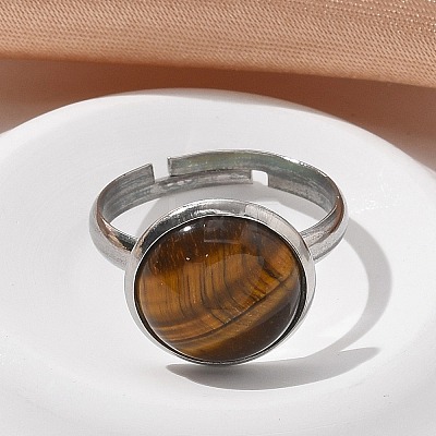 Half Round Natural Tiger Eye Finger Rings X-RJEW-M062-01P-08-1
