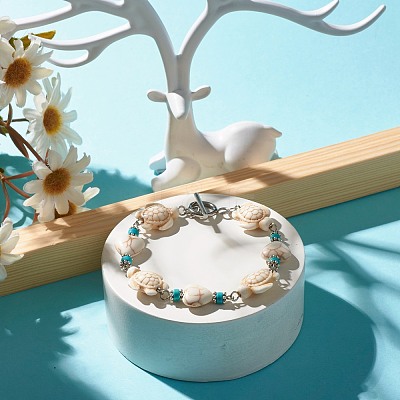 Heart & Tortoise Synthetic Turquoise(Dyed) Beaded Bracelet BJEW-JB07302-01-1