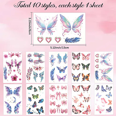10 Sheets 10 Colors Butterfly Pattern Glitter Body Art Tattoos AJEW-SP0002-80-1