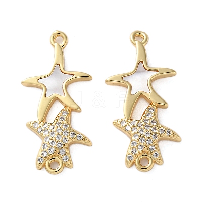 Brass Micro Pave Clear Cubic Zirconia Double Starfish Connector Charms KK-U070-08G-1
