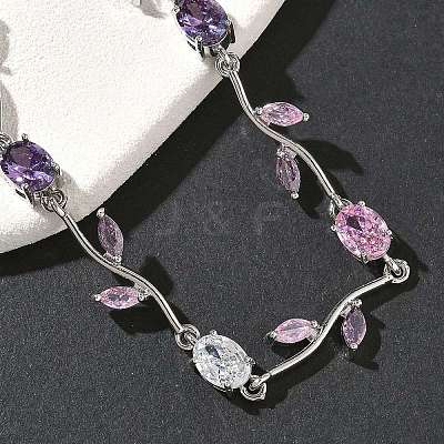 Brass Micro Pave Cubic Zirconia Oval & Leaf Link Chain Bracelets for Women BJEW-G764-05P-01-1