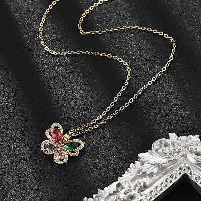 Brass Micro Pave Cubic Zirconia Butterfly Pendant Neckalces for Women NJEW-S448-09G-1