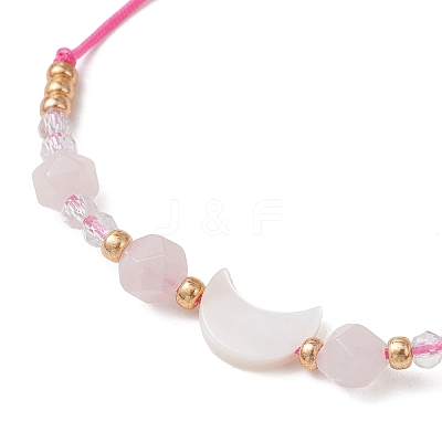 Natural Rose Quartz & Freshwater Shell Moon Charm Bracelets BJEW-MZ00303-03-1