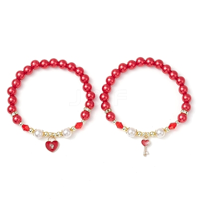 2Pcs Valentine's Day Theme Acrylic Pearl Round Beaded Stretch Bracelets BJEW-JB11422-1