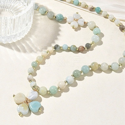 Saint Patrick's Day Natural Flower Amazonite Clover Pendant Round Beaded Necklaces with Brall Heart OT Clasps NJEW-G202-02G-03-1