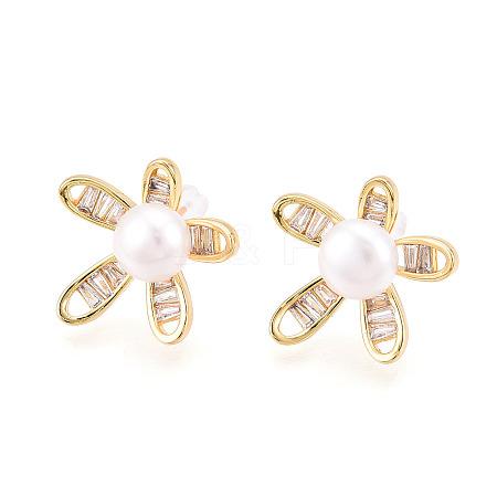 Flower Brass Natural Pearl Stud Earrings PEAR-N020-05X-1