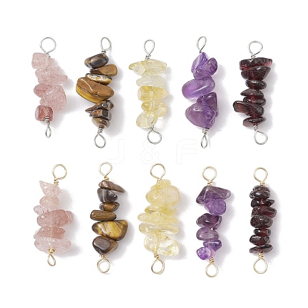 10Pcs 5 Styles Constellation Natural Garnet & Rose Quartz & Tiger Eye & Amethyst & Strawberry Quartz Copper Wire Wrapped Chip Beaded Connector Charms PALLOY-JF02905-11-1