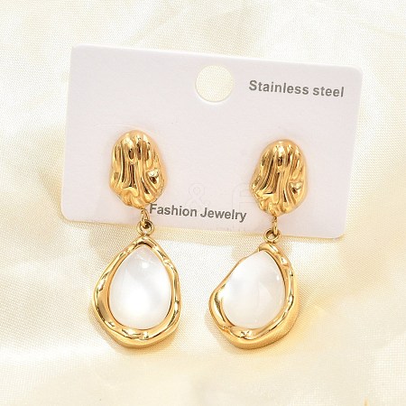 304 Stainless Steel Moonstone Teardrop Dangle Stud Earrings EJEW-M073-03G-1