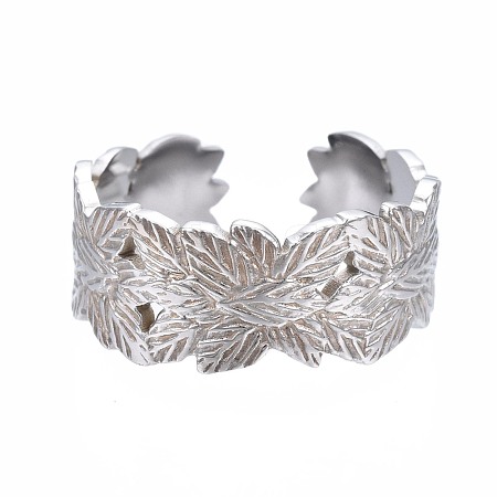 304 Stainless Steel Leaf Wrap Open Cuff Ring RJEW-T023-27P-1