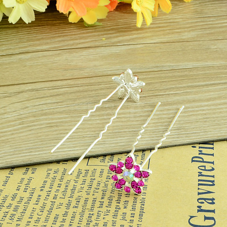 Lady's Hair Accessories Silver Color Plated Iron Rhinestone Flower Hair Forks PHAR-R095-07-1
