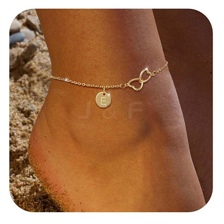 Brass Double Heart Link Flat Round Initial Charm Anklets for Women FS-WGA84B7-08-1