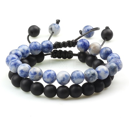 Adjustable Round Natural Blue Spot Jasper & Frosted Obsidian Braided Bead Bracelet Sets MW1099-3-1