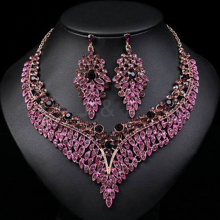 Flower Zinc Alloy Rhinestone Chain Necklaces & Stud Dangle Earrings Sets WG08719-01-1