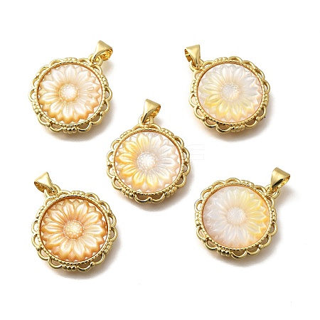 Brass Pave Natural Yellow Shell Carved Flower Pendants X-KK-Z091-02G-1