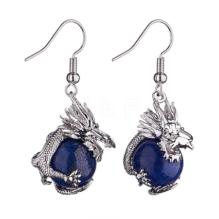 Natural Dyed Lapis Lazuli Dragon Dangle Earrings EJEW-A092-06P-04-1