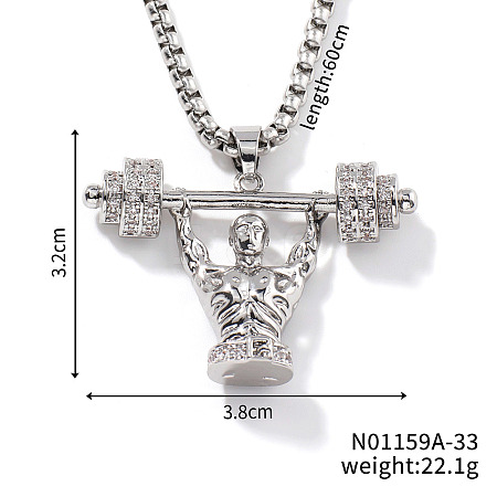 Cool Hip-hop High Street Fashion Brass Crystal Rhinestone Barbell Man Pendant Box Chain Necklaces HY8946-1-1