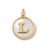 Brass Pave Natural Shell Flat Round with Letter Charms KK-Z115-13G-L-1