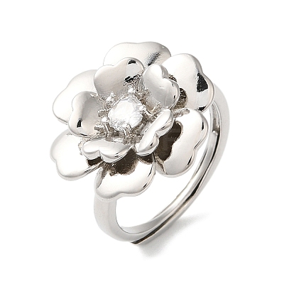 Rack Plating Flower Brass Micro Pave Clear Cubic Zirconia Adjustable Rings RJEW-S413-02P-1