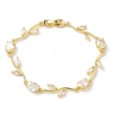 Brass Micro Pave Cubic Zirconia Oval & Leaf Link Chain Bracelets for Women BJEW-G764-05G-02-1