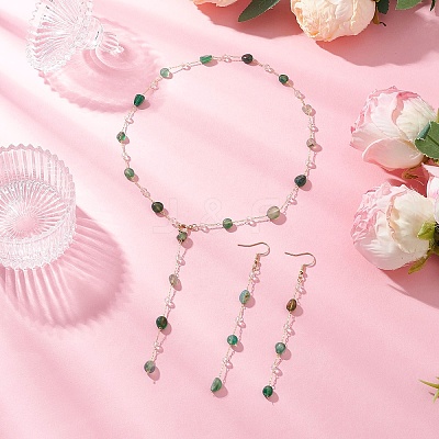 Handmade Natural Green Agate Beaded Chains Earring & Necklaces Sets SJEW-JS01342-04-1