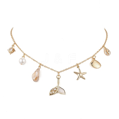 Summer Beach Brass Clear Cubic Zirconia & Shell Pearl & Spiral Shell Bib Necklaces NJEW-TA00182-1