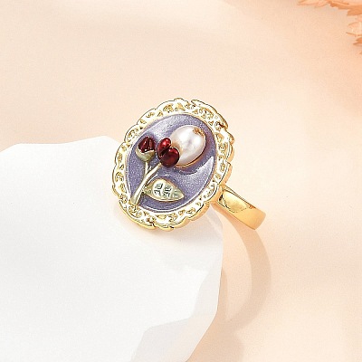 Flower Pattern Brass Enamel & Natural Freshwater Pearl Open Cuff Rings for Women RJEW-G342-01G-02-1