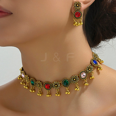 Flat Round & Flower Alloy Rhinestone Pendant Necklace & Stud Dangle Earring Sets FS-WG9BC55-01-1