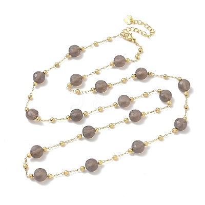 Natural Grey Agate Faceted Flat Round Beaded Chain Necklaces with Matte Brass Beads GG-CBA37F5-01G-12-1