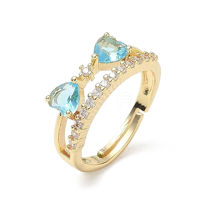 Adjustable Bowknot Shape Brass & Light Blue Cubic Zirconia Finger Rings CU-CBA7E55-07G-1
